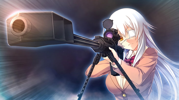 аниме, аниме момичета, Innocent Bullet, Miyasu Sanae, дълга коса, бяла коса, оранжеви очи, Game CG, оръжие, пистолет, снайперска пушка, HD тапет