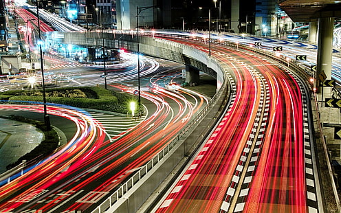 cidade, urbano, longa exposição, trilhas leves, estrada, luz da rua, Tóquio, Japão, noite, viaduto, vermelho, HD papel de parede HD wallpaper