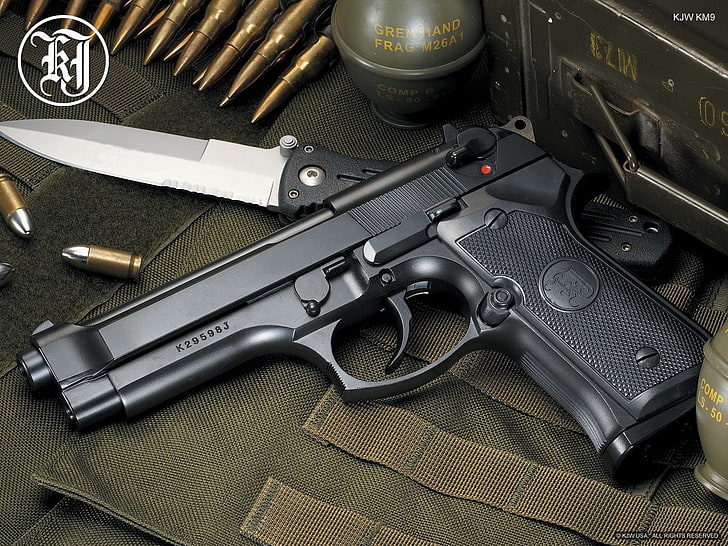 black semi-automatic pistol, gun, knife, ammunition, Beretta, grenades, weapon, HD wallpaper