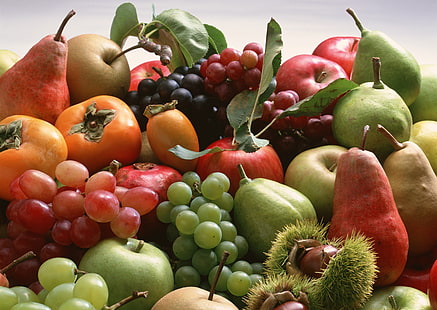 lote de frutas sortidas, uvas, maçãs, peras, frutas, HD papel de parede HD wallpaper