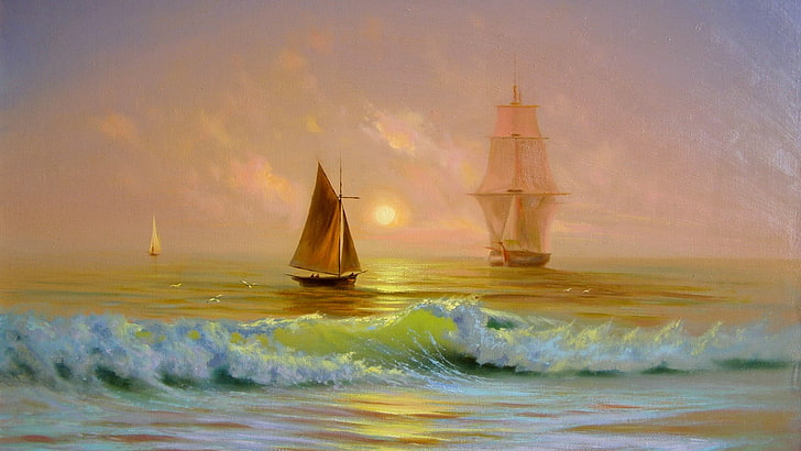 three sailboats at the ocean painting, waves, sea, boat, ship, painting, HD wallpaper