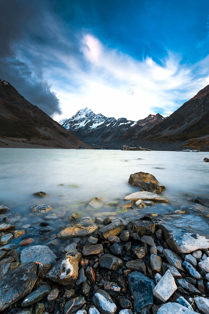 black and white rocks beside body of water under blue sky, Hooker, Valley, black and white, rocks, body of water, blue sky, 5D, Mk3, landscape, long exposure, iceberg, snowy mountain, New Zealand  South Island, Mt Cook, mountain, nature, lake, outdoors, scenics, mountain Peak, water, snow, mountain Range, reflection, sky, rock - Object, glacier, HD wallpaper