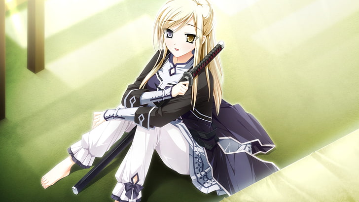 female character holding katana wallpaper, otome ga tsumugu koi no canvas girl, girl, blonde, sword, smile, HD wallpaper