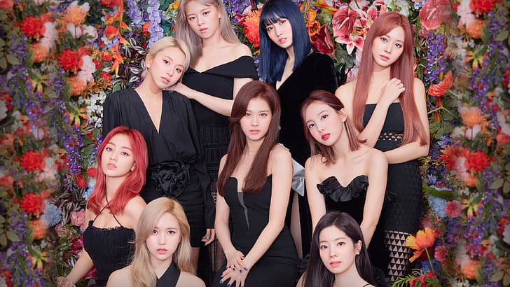 group of women, women, Asian, long hair, dyed hair, Twice, model, singer, K-pop, Black clothes, HD wallpaper