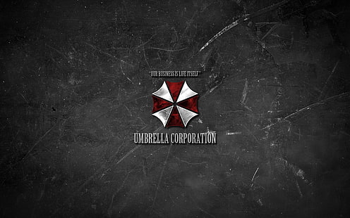 Umbrella Corporation лого, минимализъм, текстура, лого, Resident Evil, чадър, лозунг, чадър корпорация, Нашият бизнес е самият живот, HD тапет HD wallpaper
