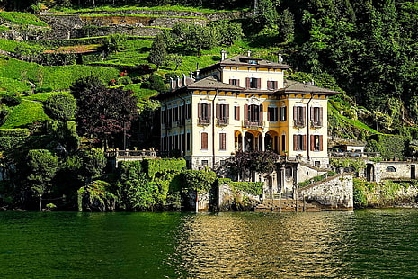 къща, вила, склон, Италия, езерото Комо, HD тапет HD wallpaper
