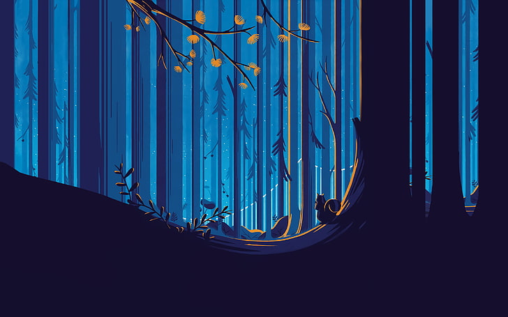 illustration de la forêt, silhouette de l'écureuil à côté de l'illustration de grands arbres, forêt, écureuil, illustration, ciel bleu, fleur jaune, arbres, Tom Haugomat, bleu, cyan, Fond d'écran HD