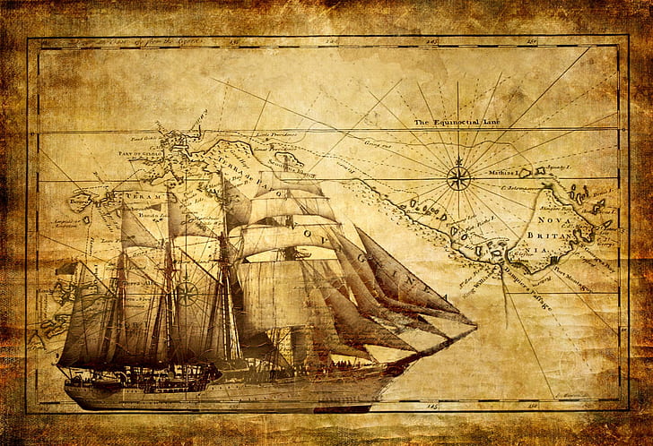 isla, mapa, papel viejo, Papua Nueva Guinea, velero, mar, barco, vintage, Fondo de pantalla HD