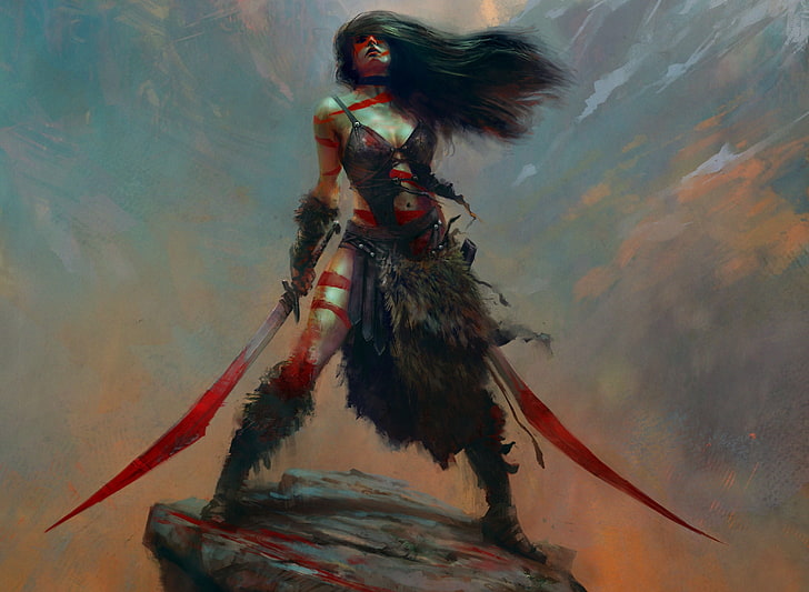 karakter wanita memegang dua pedang lukisan, karya seni, seni fantasi, seni digital, prajurit, pedang, wanita, gadis fantasi, Wallpaper HD