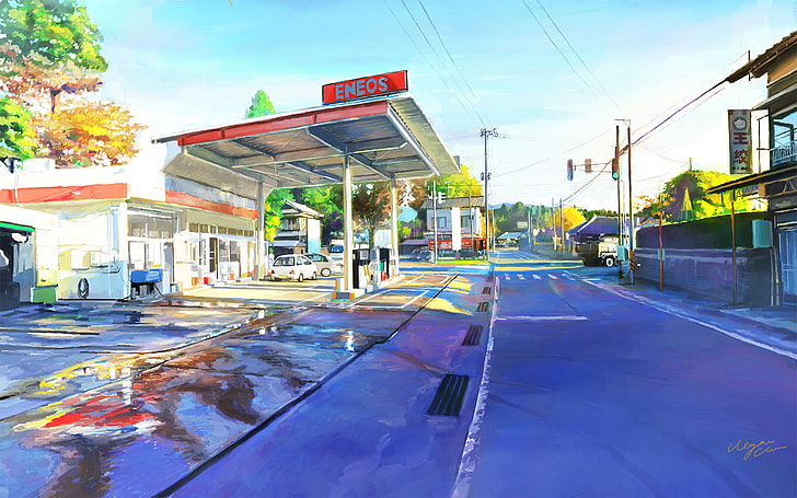 Eneos gas station, road, street, Japan, day, art, Shitub52, Niigata, Agano, HD wallpaper