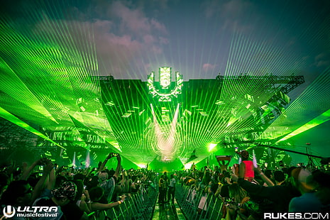 Ultra Music Festival, Rukes, stages, lights, photography, lasers, crowds, music, HD wallpaper HD wallpaper
