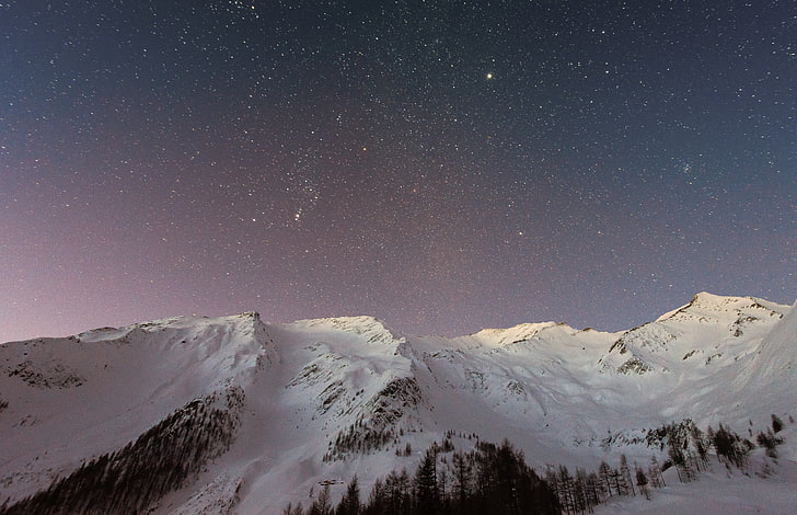 fondo de pantalla de nebulosa, naturaleza, nieve, cielo, árboles, estrellas, Fondo de pantalla HD