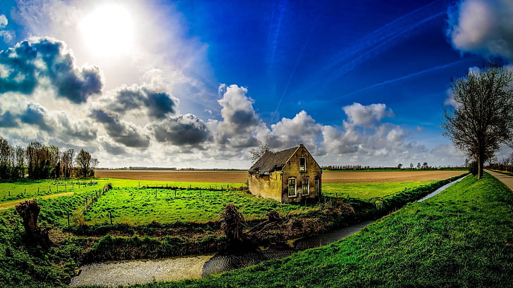 yellow and green concrete house, clouds, sky, Sun, house, landscape, HD wallpaper