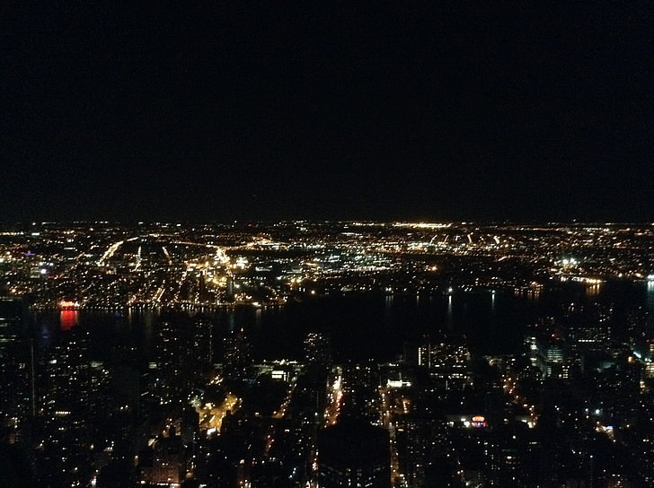 осветени градски сгради, Ню Йорк, нощ, градски пейзаж, HD тапет