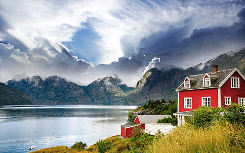 rote und schwarze Hausmalerei, Landschaft, Berge, See, Haus, Norwegen, der Fjord, HD-Hintergrundbild HD wallpaper