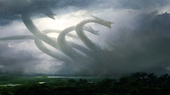 awan, Seni fantasi, hutan, Hydra, lanskap, Lernaean Hydra, sulap pertemuan, mitologi, Wallpaper HD HD wallpaper