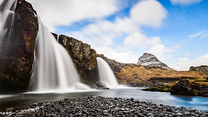 Киркьюфель, Исландия, пейзаж, вершина горы, водопад, северные пейзажи, природа, длительная выдержка, HD обои