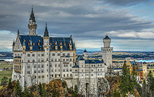 дървета, замък, Германия, Бавария, Бавария, замъкът Нойшванщайн, Швангау, HD тапет HD wallpaper
