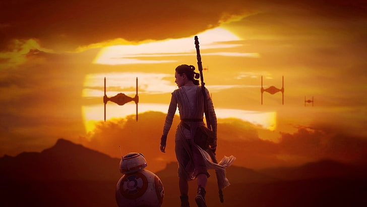 ภาพเงาของวอลเปเปอร์ดิจิทัลตัวละคร Star Wars, Rey, BB-8, วอลล์เปเปอร์ HD