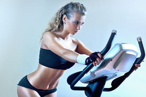 modell, blondin, träningspass, fitness, stationär cykel, HD tapet HD wallpaper