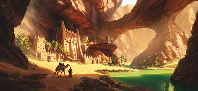 произведение искусства, фэнтези, пустыня, верблюды, HD обои HD wallpaper