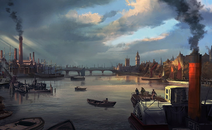 Assassins Creed Syndicate Thames River 1868, Games, Assassin's Creed, River, Game, London, Thames, syndicate, 2015, 1868, videogame, conceptart, AssassinsCreed, IndustrialRevolution, Tapety HD
