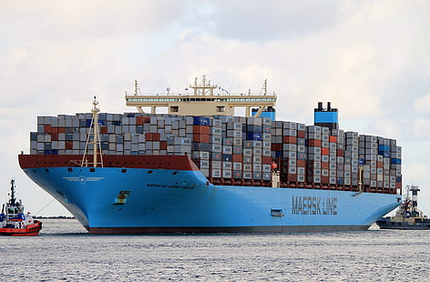 barco azul Maersk Line, maersk mc-kinney moller, buque portacontenedores más grande, construcción naval de daewoo e ingeniería marina, Fondo de pantalla HD HD wallpaper