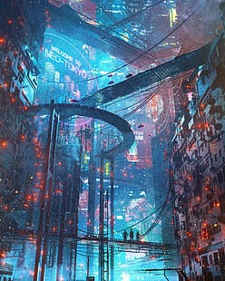  artwork, digital art, cyber city, cyberpunk, HD wallpaper HD wallpaper