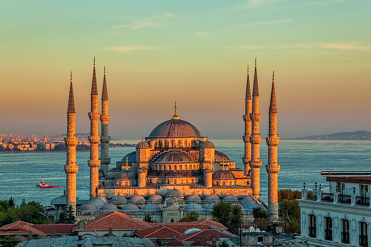 ブルーファイサルモスク、風景、日没、海峡、塔、寺院、イスタンブール、トルコ、宮殿、ブルーモスク、スルタンアフメット、 HDデスクトップの壁紙