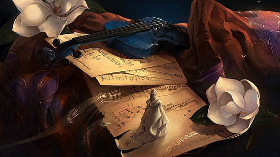 Цигулка, цветя, музикални ноти, музикален инструмент, цигулка, цветя, музикални ноти, музикален инструмент, HD тапет HD wallpaper