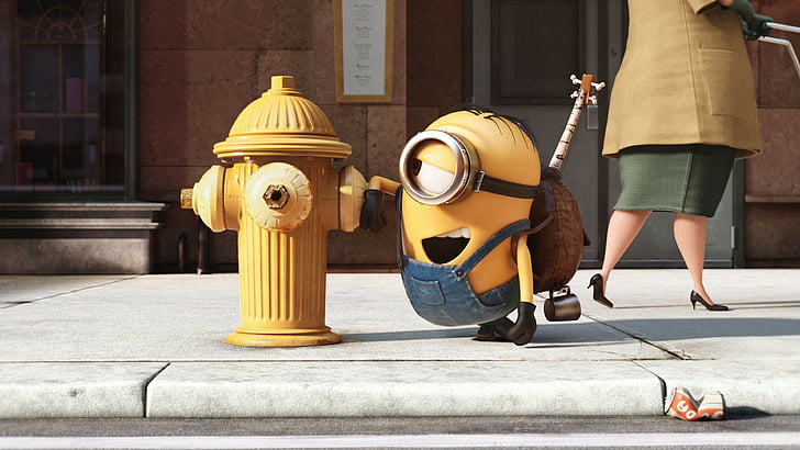 minion beside yellow fire hydrant, Minions, cartoon, yellow, funny, Best Animation Movies of 2015, HD wallpaper