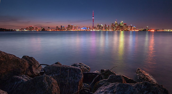 водоем, Канада, езеро, скали, нощ, град, Торонто, светлини, отражение, HD тапет