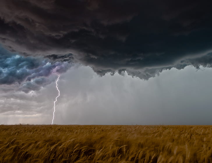 nature, landscape, lightning, long exposure, Oklahoma, USA, field, clouds, spikelets, storm, horizon, HD wallpaper