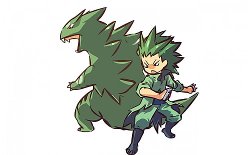 grünhaariger Junge Anime Charakter Illustration, Pokémon, Tyranitar, Pokemon der zweiten Generation, Hitec, HD-Hintergrundbild HD wallpaper
