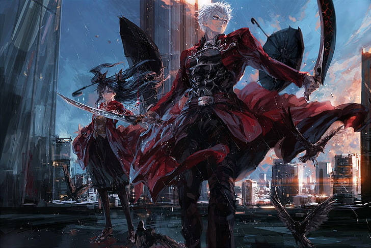 человек в красном костюме цифровые обои, Fate Series, Тосака Рин, Archer (Fate / Stay Night), лучник, HD обои