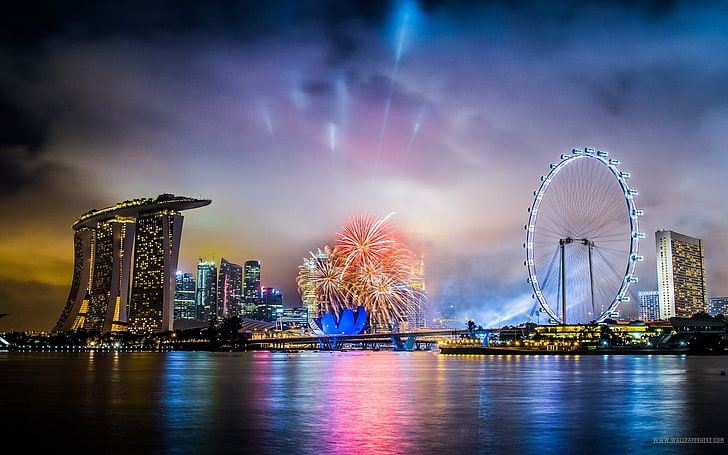 Foto Dubai pada malam hari, malam, Singapura, awan, sungai, kota, Wallpaper HD