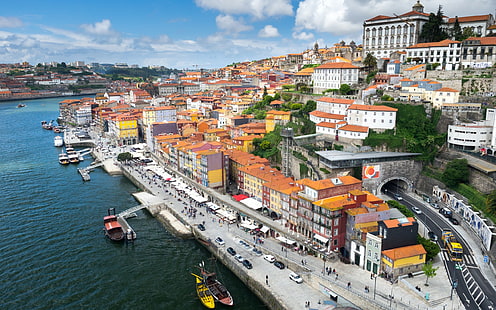 ボート、都市、川、建物、道路、都市の景観、ポルトガル、ポルト、トンネル、 HDデスクトップの壁紙 HD wallpaper