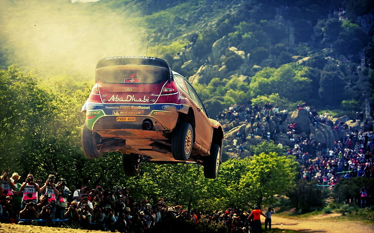 Ford, rally cars, airborne, car, crowds, Rally, HD wallpaper