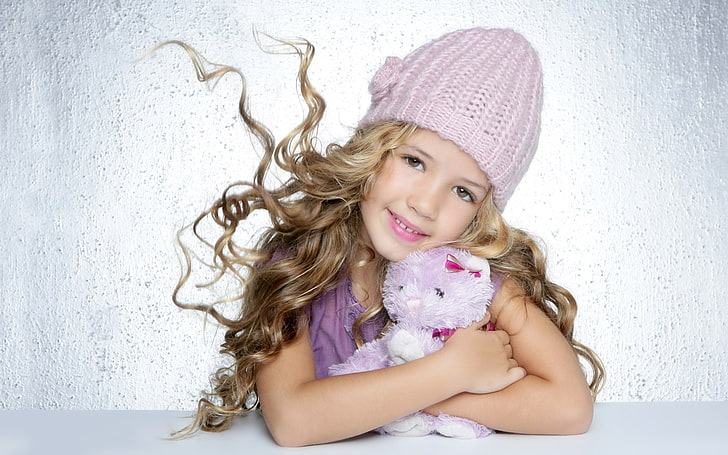 girl's pink knit hat, child, girl, hat, toy, HD wallpaper