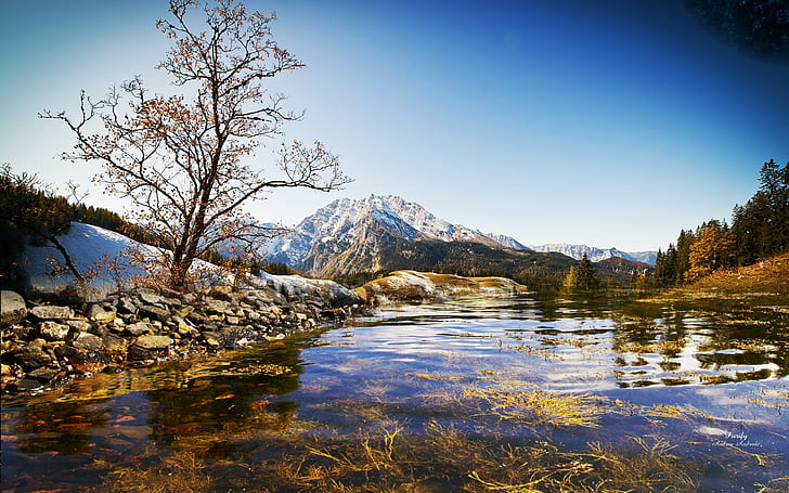 mountains, tree backgrounds, river, Water, transparent, bottom, vegetation, bushes, autumn, silence, download 3840x2400 mountains, HD wallpaper