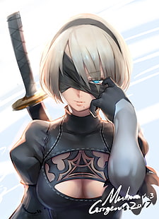 бежевый женский аниме персонаж, расщепление, Nier: Автоматы, NieR, 2B (Nier: Автоматы), голубые глаза, белый фон, повязка на глаза, короткие волосы, меч, белые волосы, перчатки, HD обои HD wallpaper