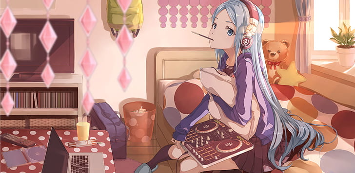 blue eyes, Vocaloid China, computer, headphones, knee-highs, HD wallpaper