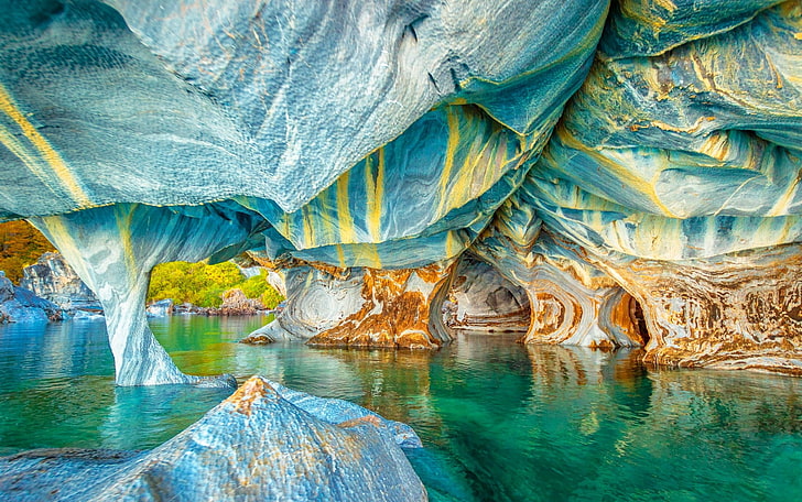 Cuerpo de agua, naturaleza, paisaje, lago, cueva, Chile, colorido, agua, erosión, roca, formación rocosa, Fondo de pantalla HD