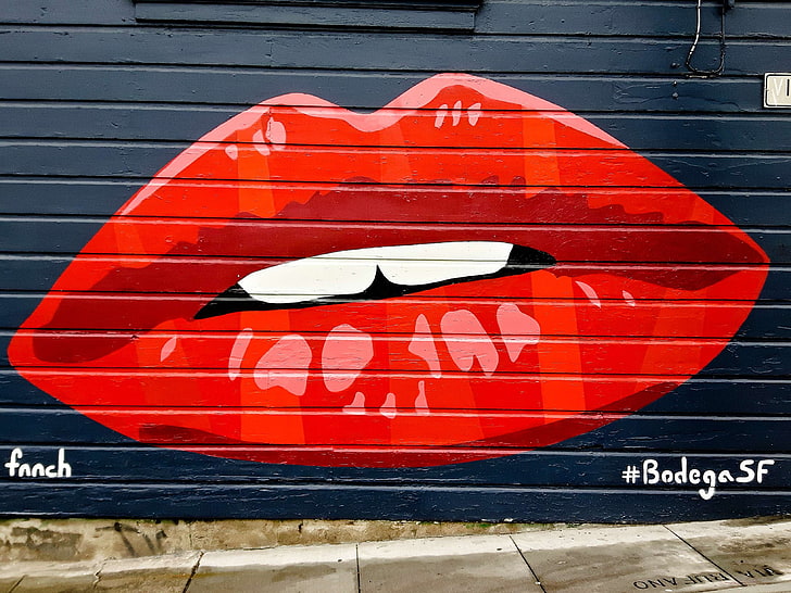 art, artwork, creativity, drawing, facade, facade paint, graffiti, hauswand, kiss, lips, mouth, mural, red, spray, street art, tooth, wall, HD wallpaper