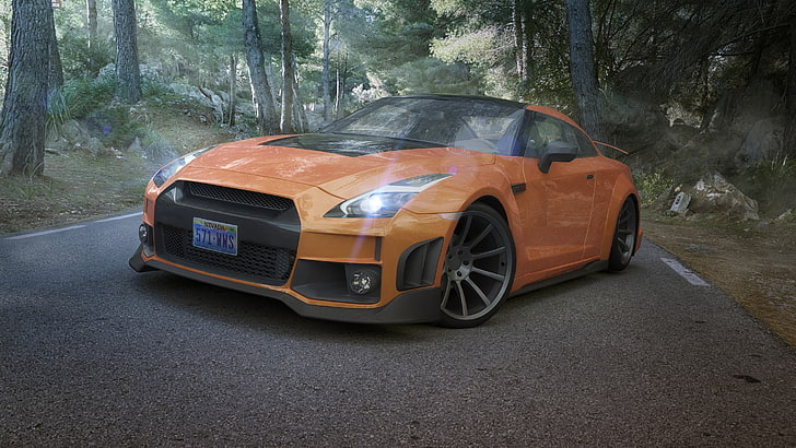orange coupe, car, Nissan, Nissan GTR, render, HD wallpaper