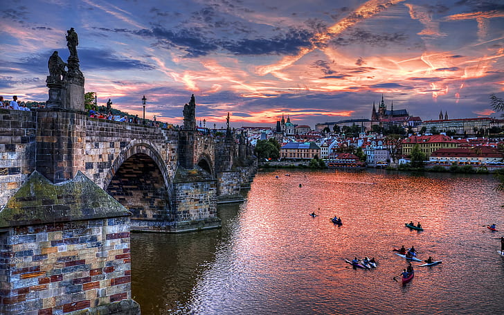 Czech, Prague, city, bridge, river, evening, houses, clouds, Czech, Prague, City, Bridge, River, Evening, Houses, Clouds, HD wallpaper