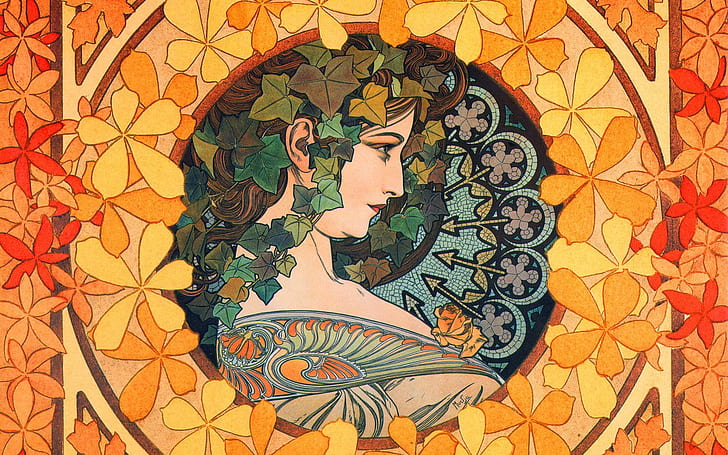 tokoh, lukisan, komposisi, Alphonse Mucha, Alfons Maria Mucha, gambar wanita, gadis dengan ivy, Wallpaper HD