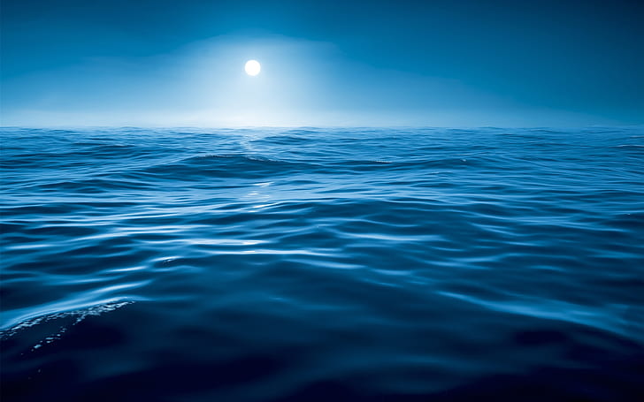 Нощ, вода, море, синьо, луна, нощ, вода, море, синьо, луна, HD тапет