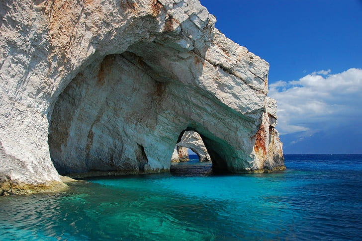 природа, пейзаж, скалы, пещера, море, бирюза, вода, остров, Греция, HD обои