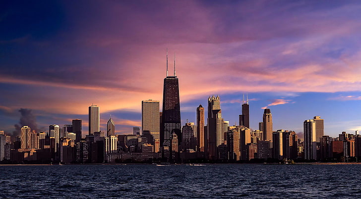 puesta de sol, la ciudad, río, rascacielos, la tarde, Chicago, Il, Fondo de pantalla HD